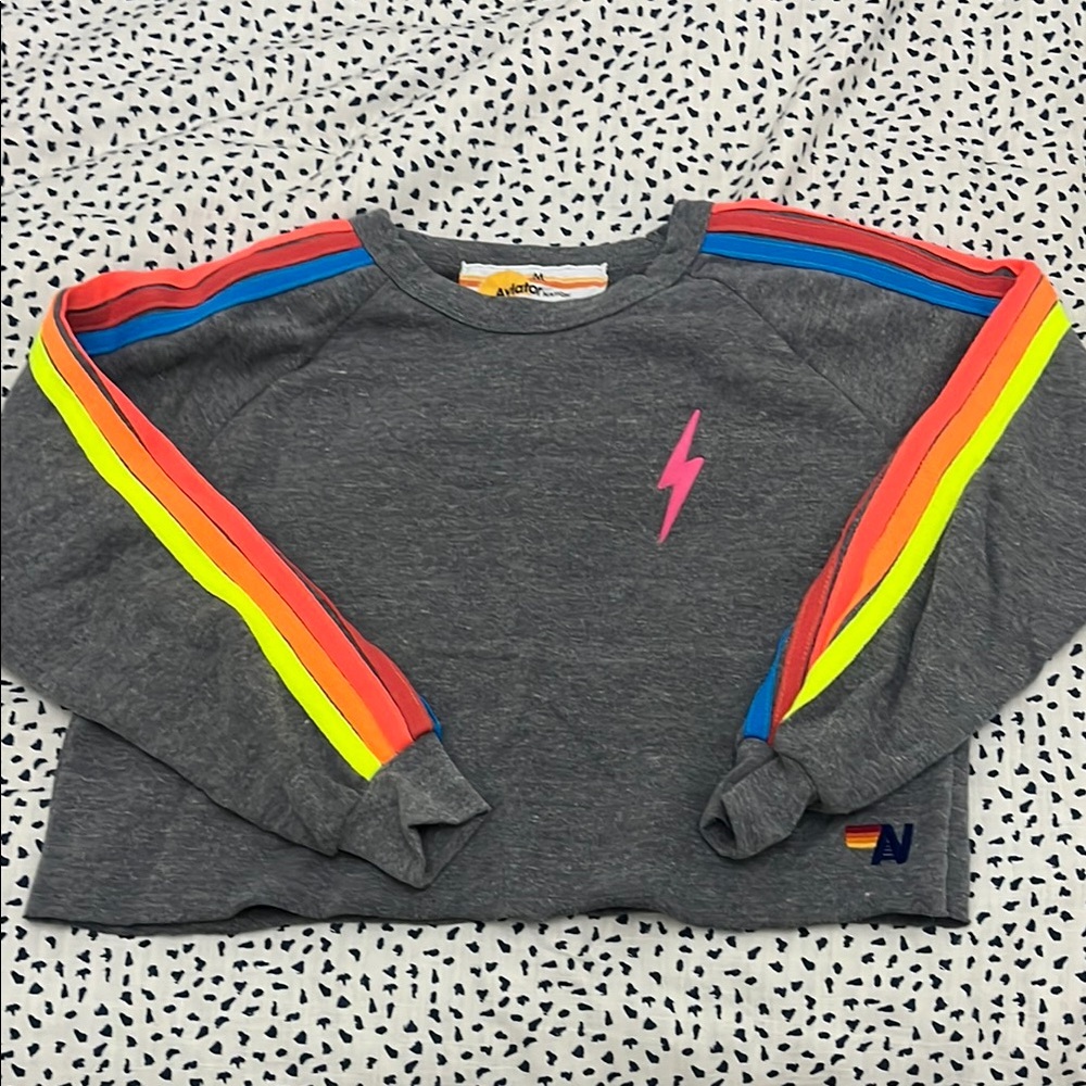Aviator Nation Gray Cropped Crew Sweatshirt with Neon Rainbow Stripes